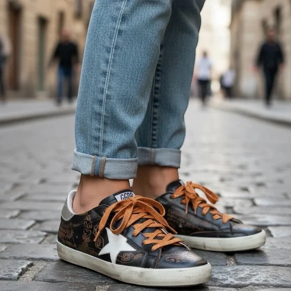 Golden Goose SUPER STAR BIKER LEATHER SNEAKERS DRAWING DARK BROWN. - Picture 1 of 16